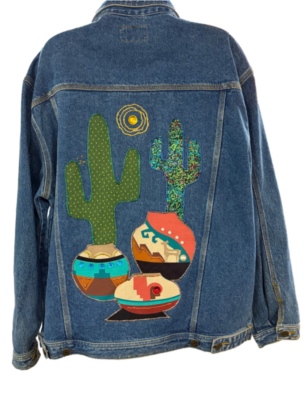Reworked Vintage Denim Jacket, Hand-Beaded Cactus & Pottery Patches, Sz L